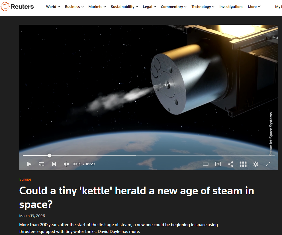 A screenshot of Reuters’ article, with the video paused while Sound Motive’s animation is on screen, demonstrating SteamJet’s technology.