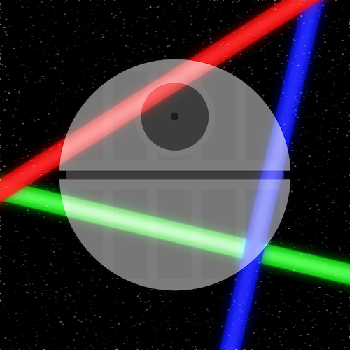 An image of a spherical space station behind three laser beams