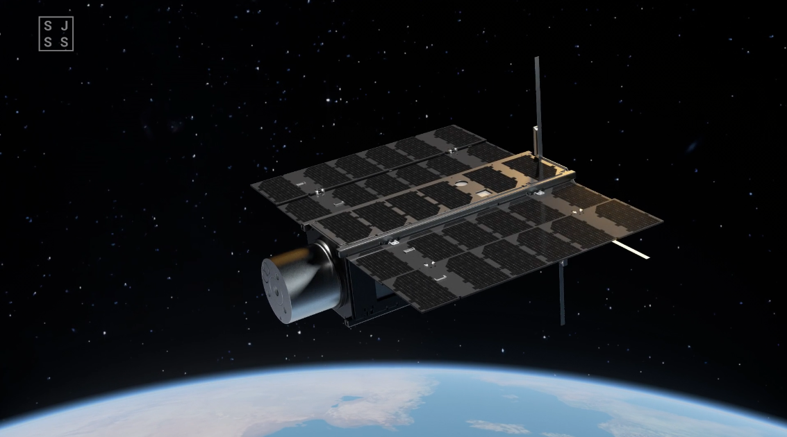 A still frame from a 3D animation of a satellite above Earth. The video was created by Sound Motive for SteamJet Space Systems to demonstrate their sustainable propulsion technology.