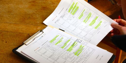 A storyboard for a video shoot with highlighter over certain sections