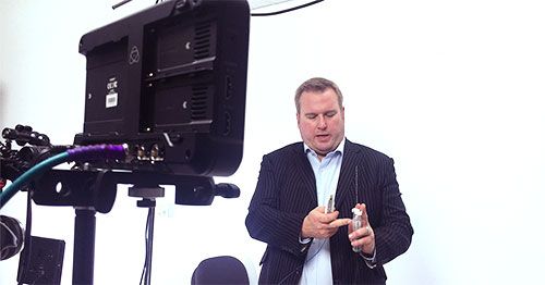 Behind the scenes a founder delivers a 'piece to camera' while Sound Motive records his pitch for Active Needle Technology