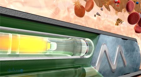 A still from an animation of a needle in the bloodstream