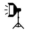 A black and white icon of a typical light used on a film set