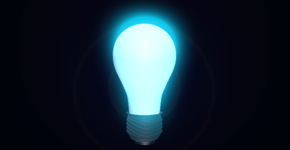 Lightbulb glowing blue on a black background