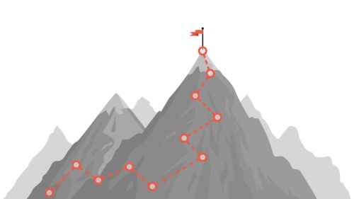 An illustration of a red path leading up a mountain, with a flag at the peak